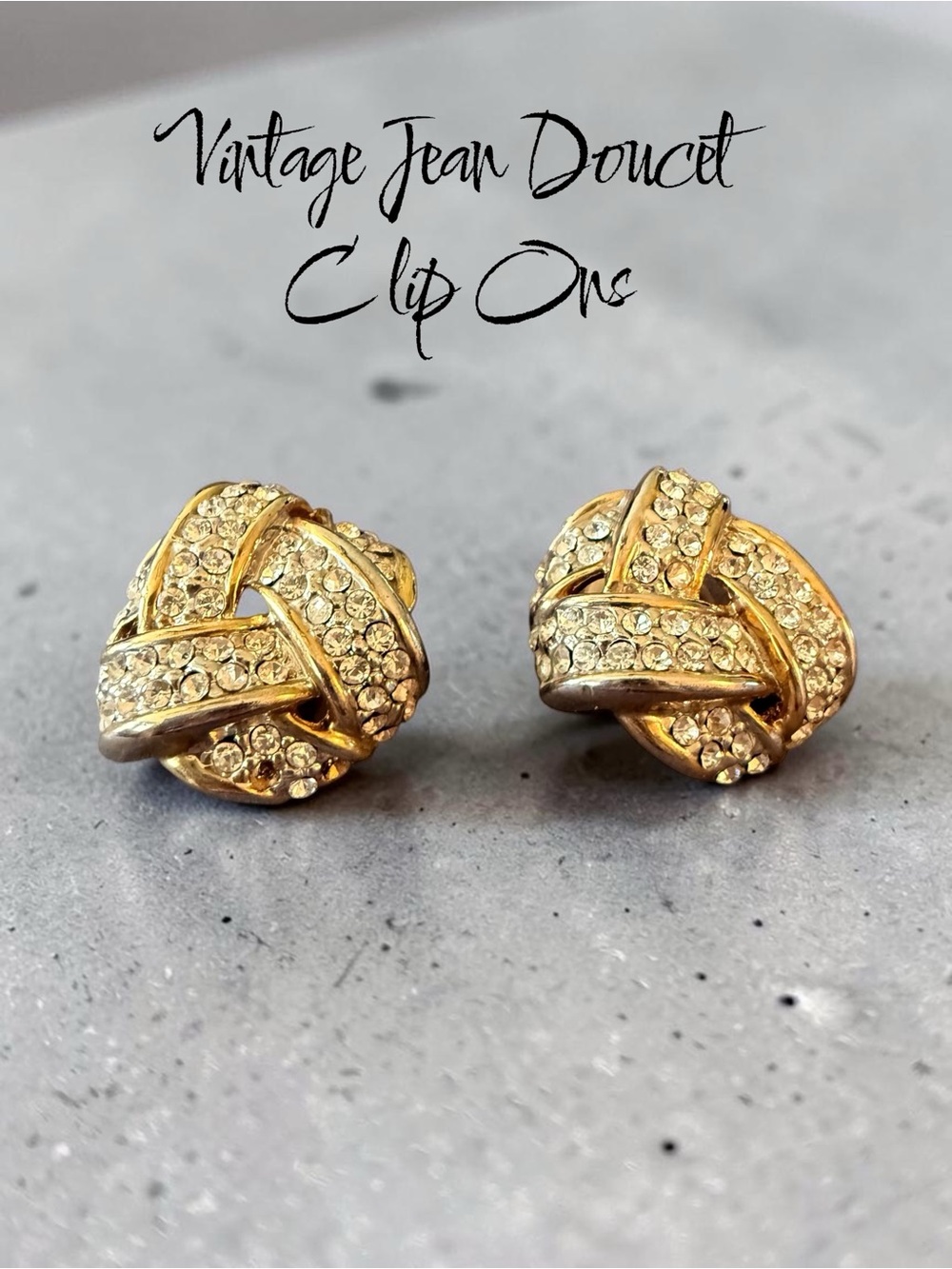 Vintage Jean Doucet GoldTone Rhinestone Clip-On Earring Designer Statement Knot